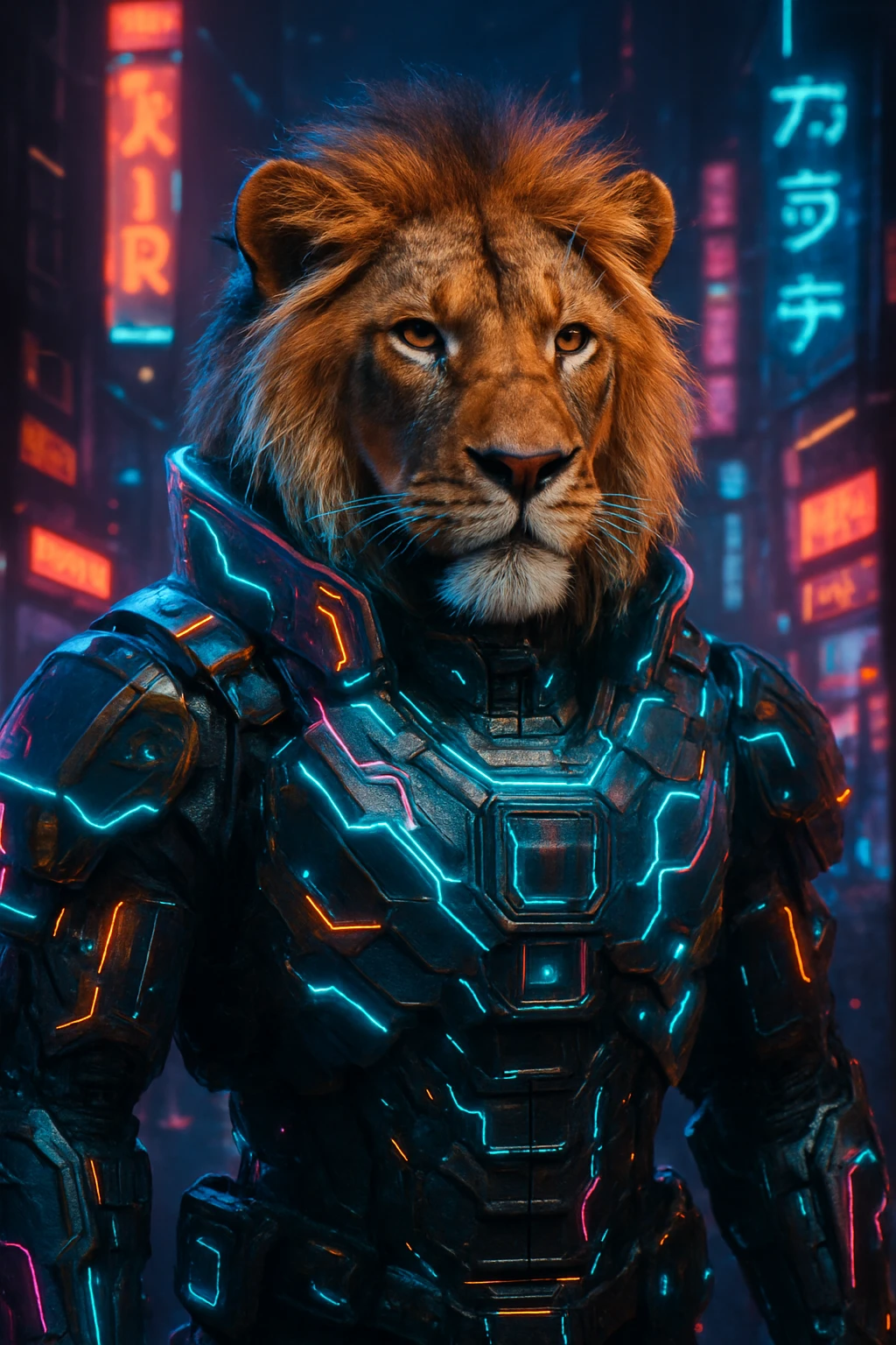 a lion in a cyberpunk suit with holographic elements and high-tech armor, futuristic cyberpunk design emoji