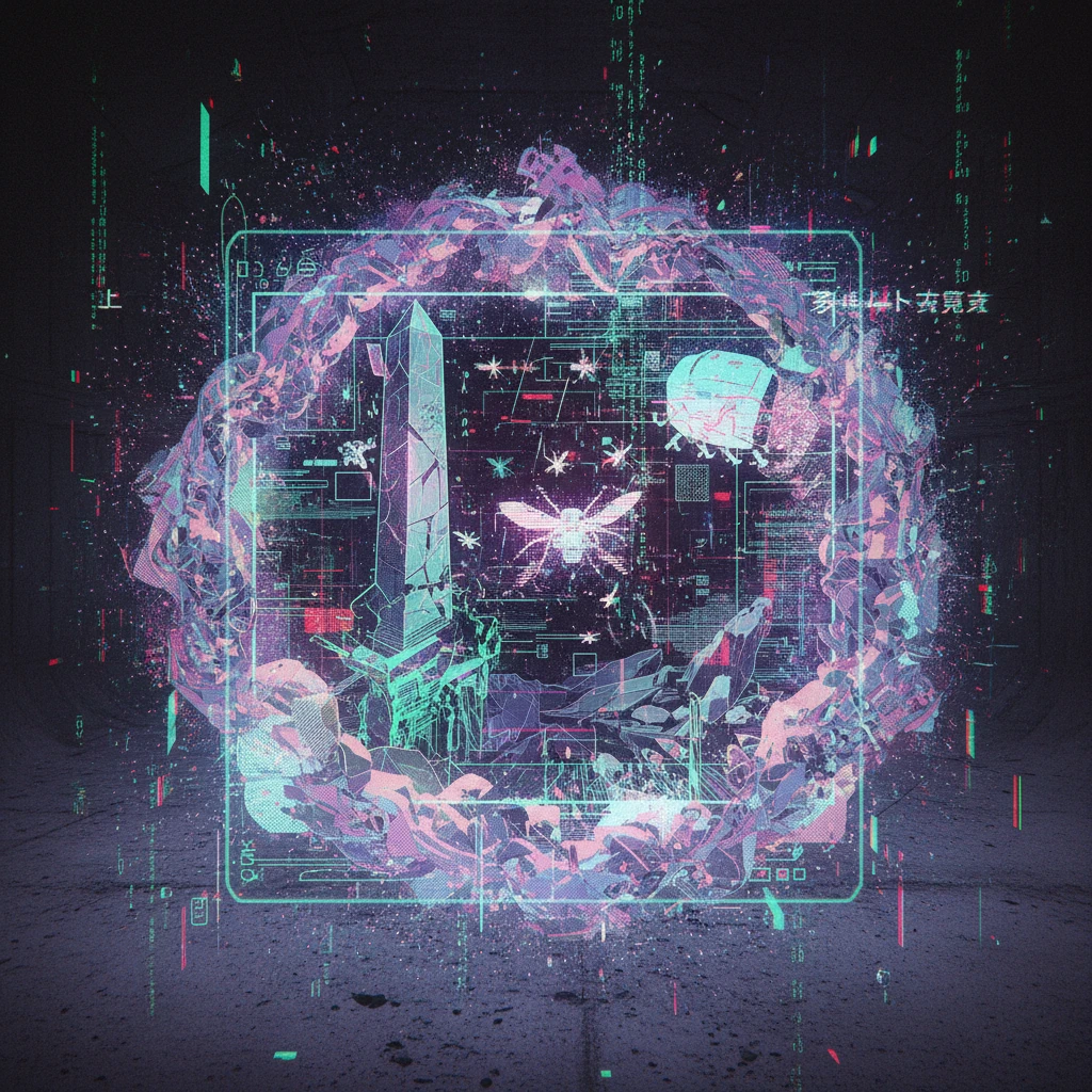 cyberwave glitch digital microscanner projection of these images but featuring no people, cyber hologram, abstract, experimental glitchy brutalist graphicwave,  style of anime emoji