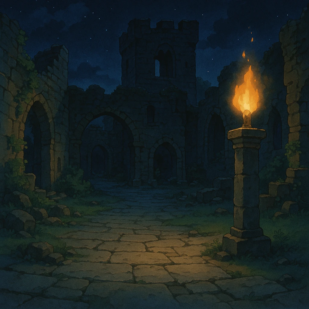 Midnight castle ruins torchlit courtyard emoji