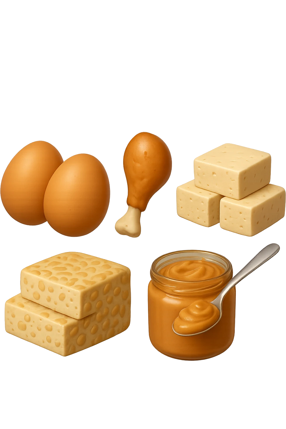 EMOJI STILE IPHONE DI
 uova, pollo, tofu, tempeh, burro di arachidi
, fluttuano in aria REALISTICA 4K emoji