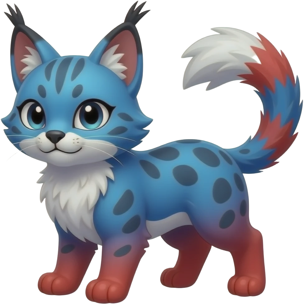 Cute kawaii cool edgy badass vibrant cyan-cobalt-blue-to-crimson-red gradient-colored iridescent glossy fur fantasy-caracal-civet-genet-sergal-vernid-Gryphon-Cacomistle-Trico-oncilla-animal-Fakémon-hybrid-fursona (full body), facial markings, (realism style) emoji