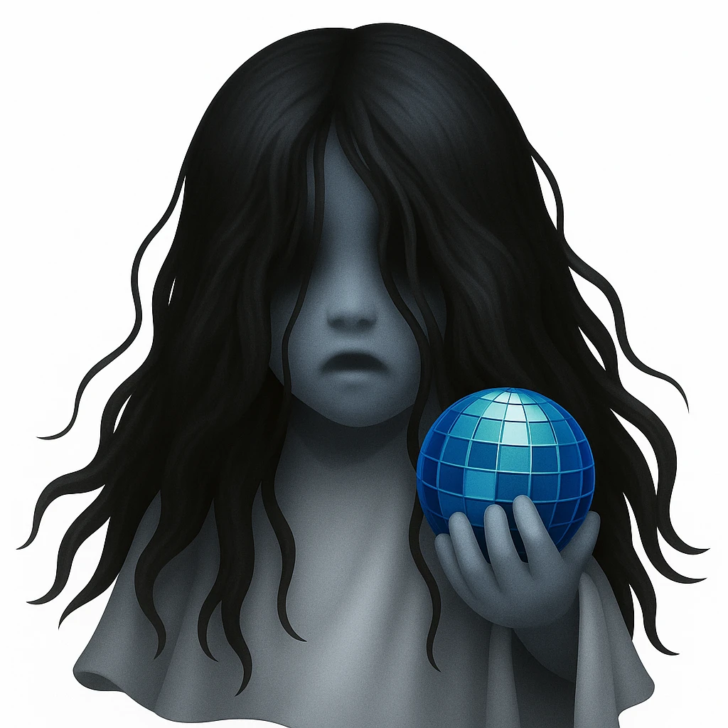 Turn the girl with blue disco ball into a ghost, using the reference photo for ghostly hair and pose, keep the disco ball blue, in the style of emoji style. emoji