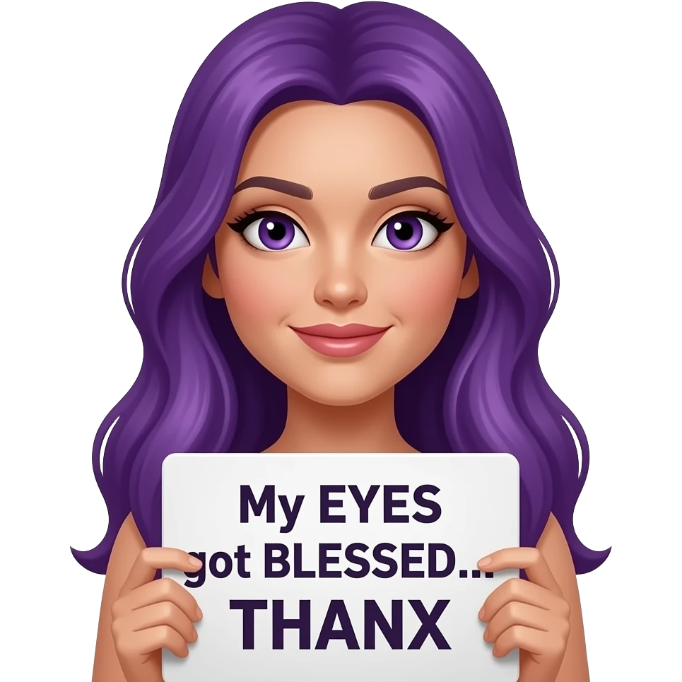 sexy girl with long purple hair and purple eyes holding a My EYES got BLESSED... THANX sign emoji