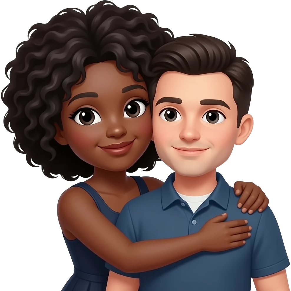 Taller black woman hugging shorter dark haired and black eyed white man emoji