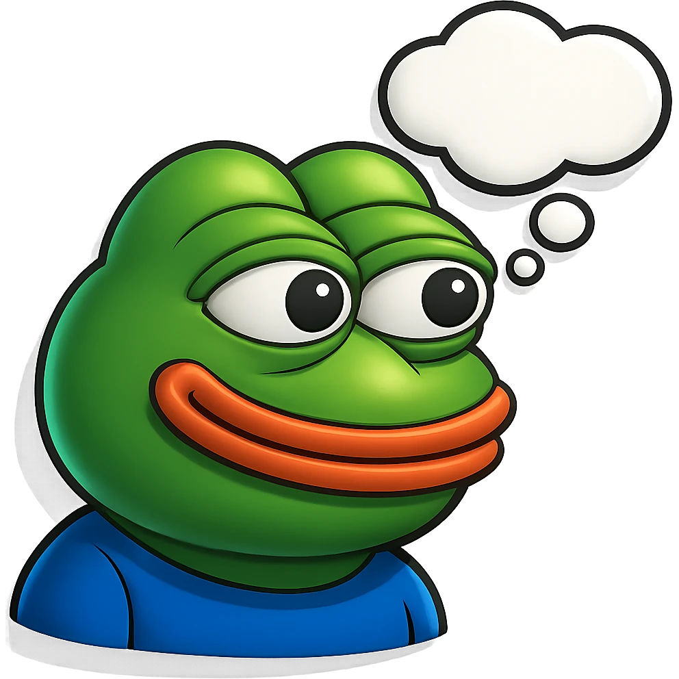 make a pepe in bright green smiling with thought bubble looking at right side in 3d style, good highlights and shadows, drop shadows emoji