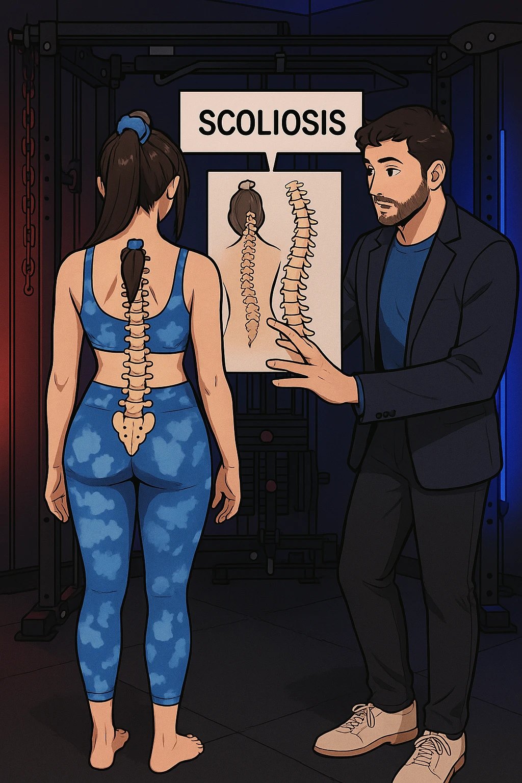 fai questa immagine in versione manga/webtoon a colori, il manga mostra la donna di spalle, mentre l'uomo le tocca la spina dorsale per spiegarle come funziona la scoliosi:
Con una scoliosi il baricentro corporeo cade maggiormente da un lato; per non cadere la schiena compensa accumulando tensione sul fianco opposto.
Il risultato? Si inclina e ruota sempre più, fino a che non cede (discopatie, artrosi, ecc) emoji