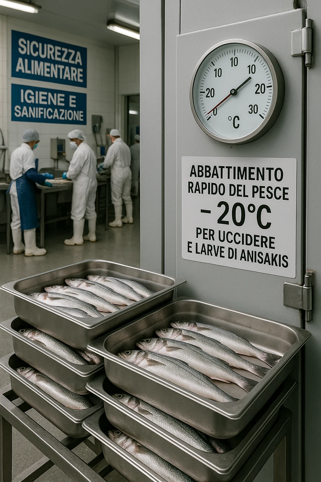 a fish processing facility where freshly caught fish are placed on trays and moved into a large industrial freezer. A temperature gauge shows -20°C, and an educational label explains that rapid freezing (abbattimento) is used to kill Anisakis larvae. The background includes workers in protective clothing and clear signage about food safety. in italiano emoji