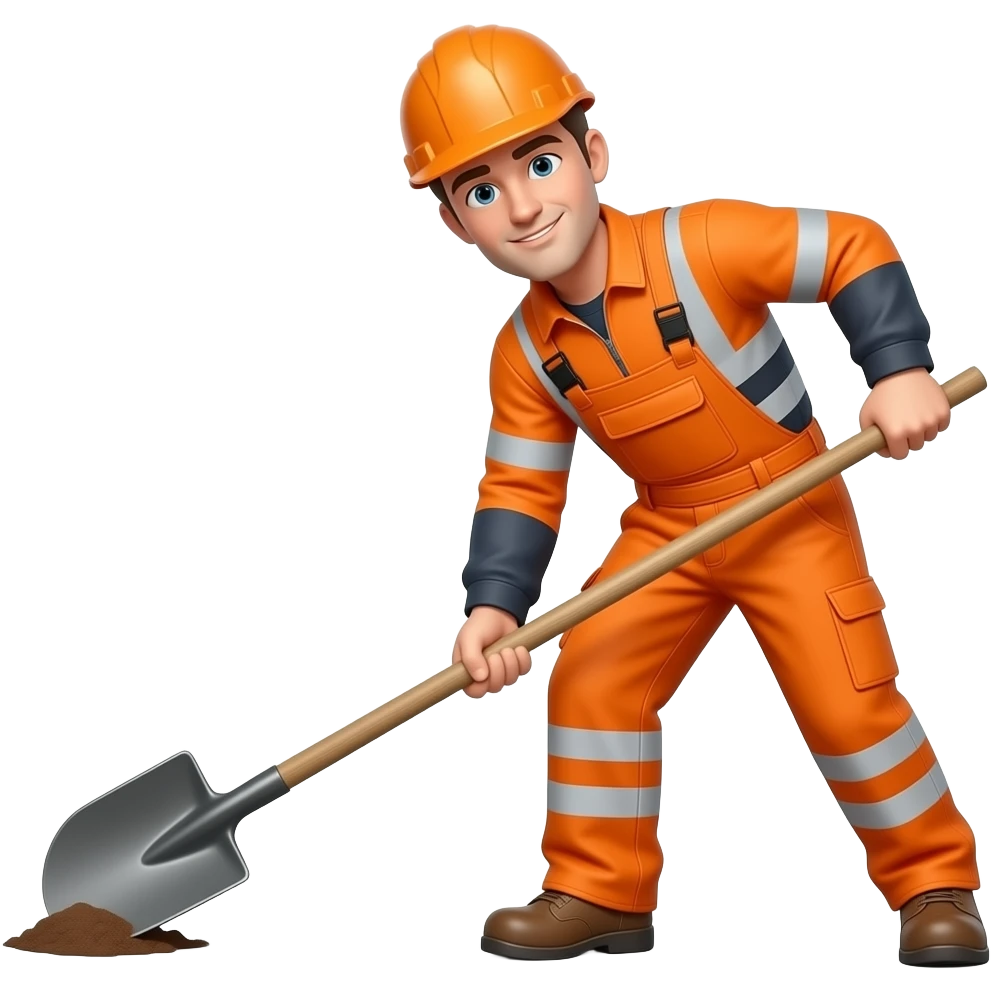 man in full orange hi-vis overalls with sleeves shovelling emoji