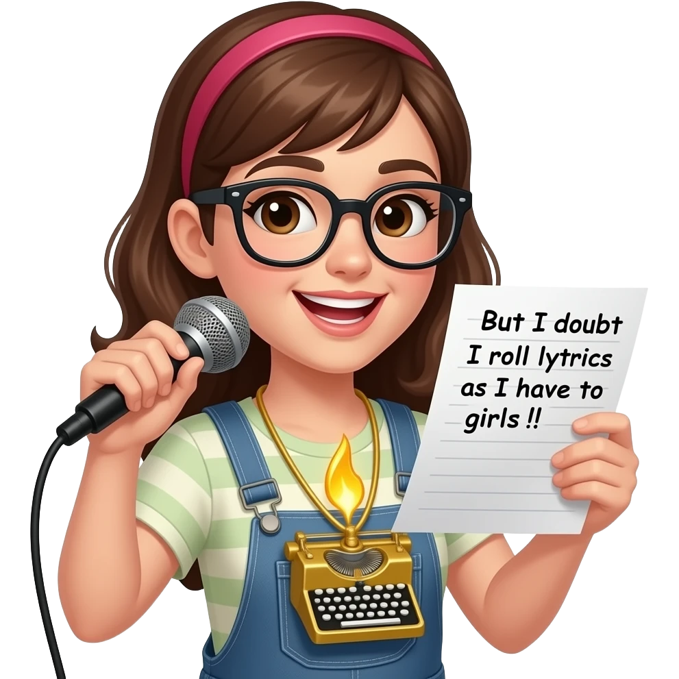 A nerdy girl rapping and wearing a golden stenography machine for a necklace. On her paper are the lyrics: "But I doubt I roll lyrics as I have to girls!!"
 emoji