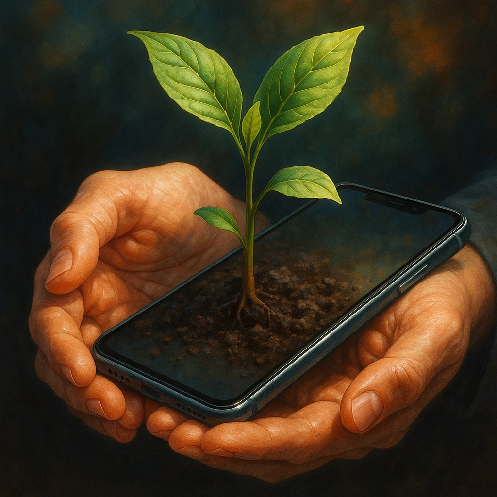 hands holding a plant sprouting from a smartphone, detailed, vibrant, digital art emoji