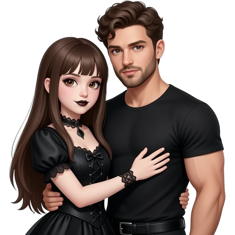 realistic pretty pale skin long straight brown hair girl brown eyes long face wearing gothic dress and gothic makeup HD and her muscular man short brown curly hair and beard hugging emoji
