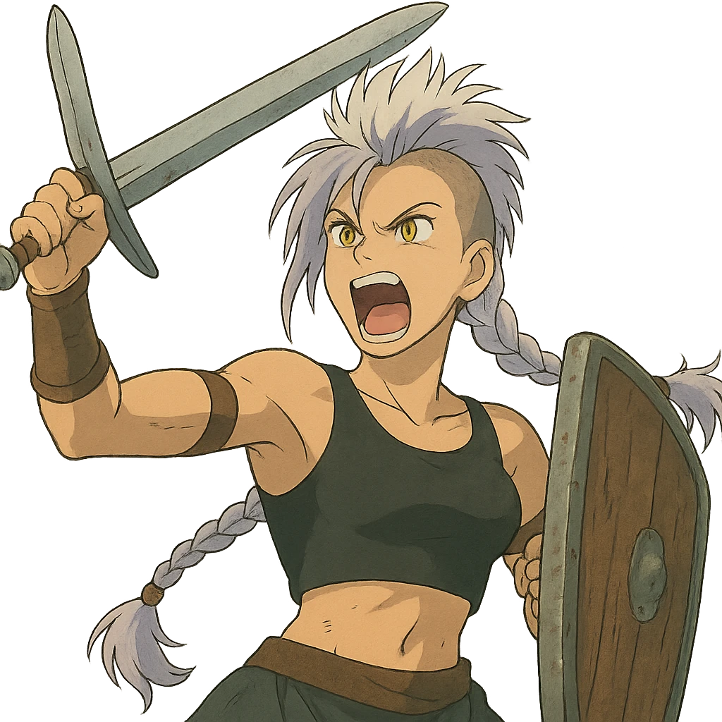 A sword maiden, mohawk, long braid white hair with lavender and tips long messy bangs one side, gold yellow eyes, black crop top, brandishing an arming sword and a shield, roaring! rah! emoji