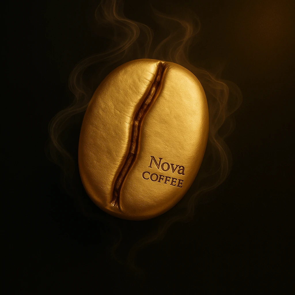 Center the golden coffee bean perfectly in the image. Refine the text 'Nova Coffee' in the lower right area of the bean using a font inspired by the most popular and premium coffee brands, such as elegant modern sans-serif or refined serif fonts. The text should be subtle, fine, and elegant, enhancing the premium feel without overpowering the minimalist, luxurious style. Retain the soft swirling mist, black background with a soft golden glow in the corners, transparent edges, and highest resolution. emoji