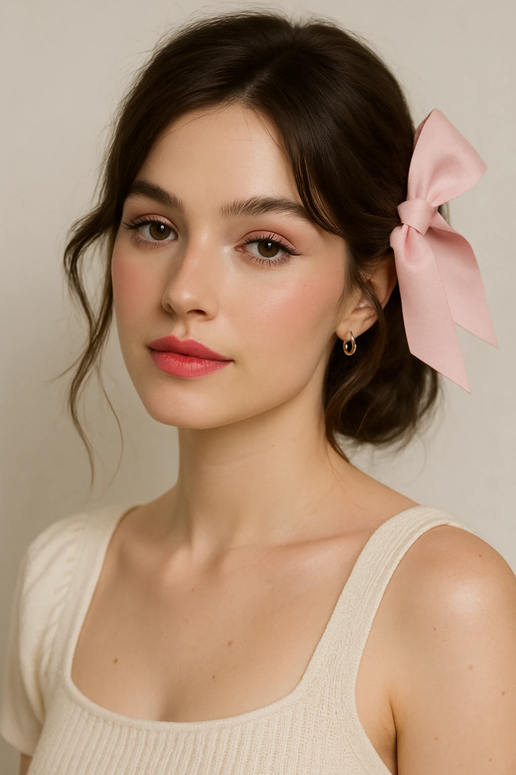 modern coquette woman with soft makeup, pink bow in hair, light background, stylish and fresh emoji