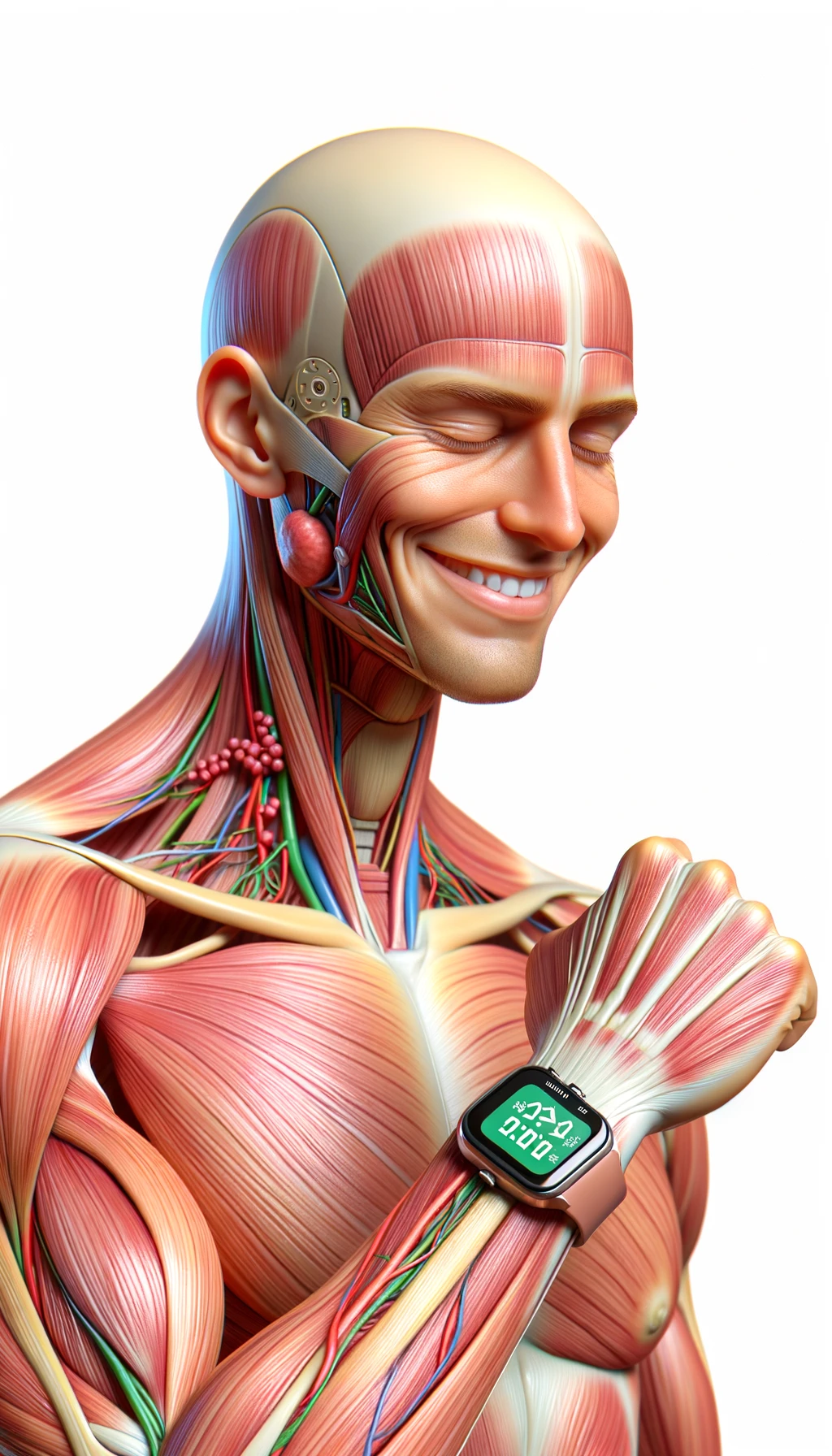 corpo umano anatomico sereno e felice che cammina mentre osserva il suo orologio contapassi, colori realistici del corpo, espressione soddisfatta, iperrealistica 4k, isolato su sfondo bianco emoji