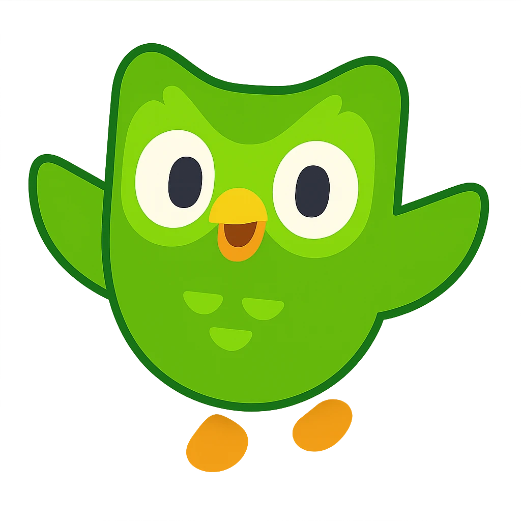 Duolingo logo, green owl, playful, cartoon style emoji