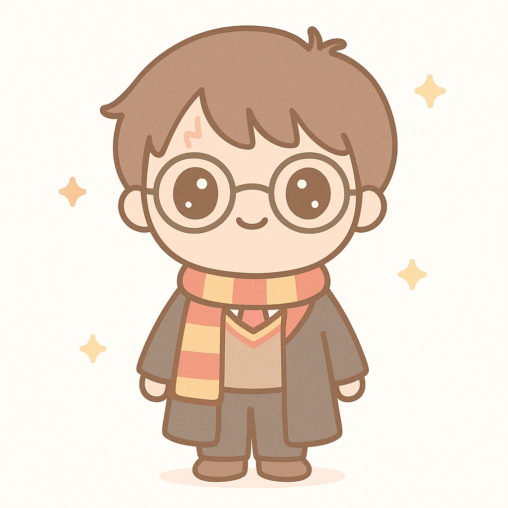 full body cute Harry Potter with big eyes, traditional Gryffindor uniform, standing, friendly expression, inspired by provided references emoji