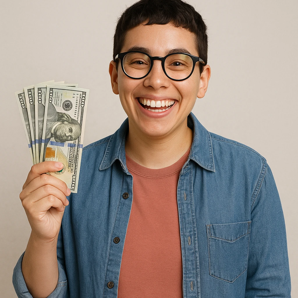 A cheerful, nerdy agender person, androgynous, with glasses and a big smile, holding money in one hand, casual outfit. emoji