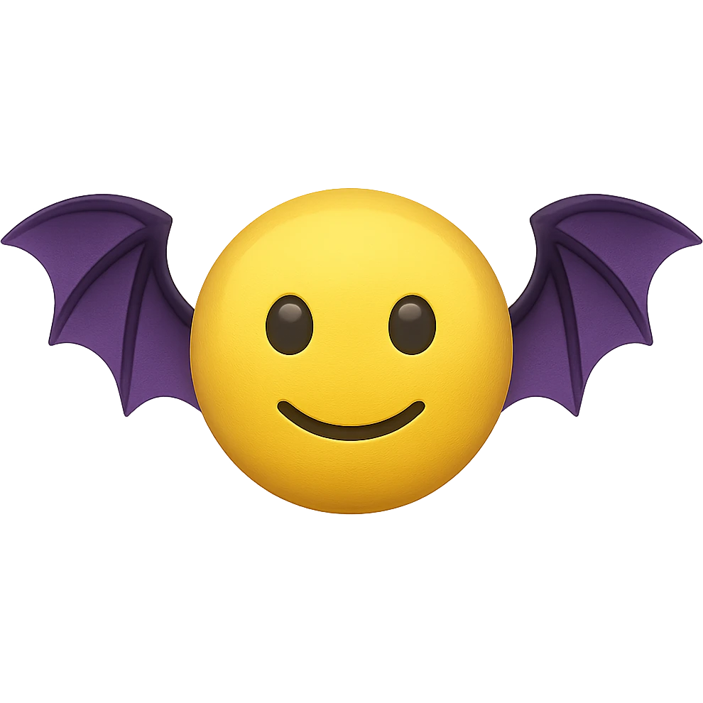 yellow face with purple bat wings, digital illustration, emoji style, no background emoji