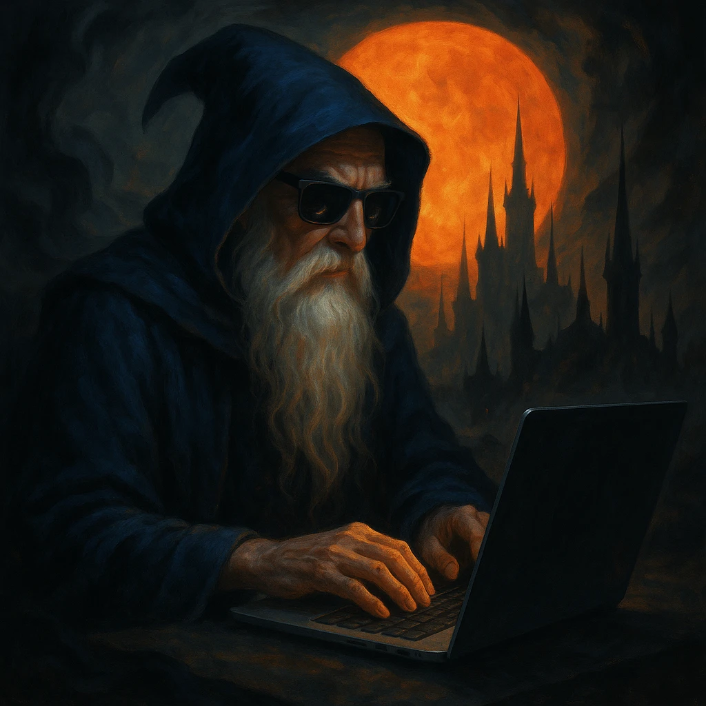A fantasy wizard with a long white beard and mustache, wearing a deep blue hooded cloak and sleek dark sunglasses, typing on a laptop. The setting features swirling dark mists, a large glowing orange sun or moon in the background, and a gothic city with sharp spires silhouetted against the fiery sky. The color palette contrasts warm orange/yellow with deep blues and blacks, blending ancient mystique with modern technology. emoji