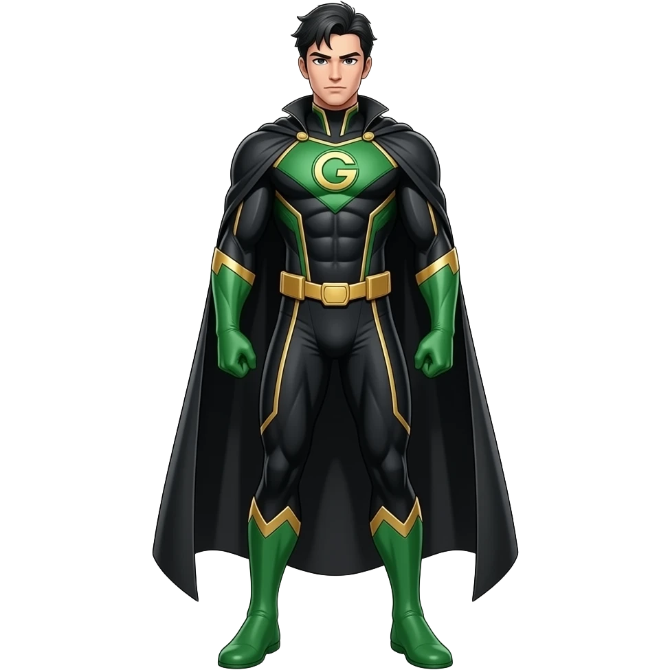 Anime superhero suite black green and gold lines long black cape and letters G on the suite very tall full body emoji