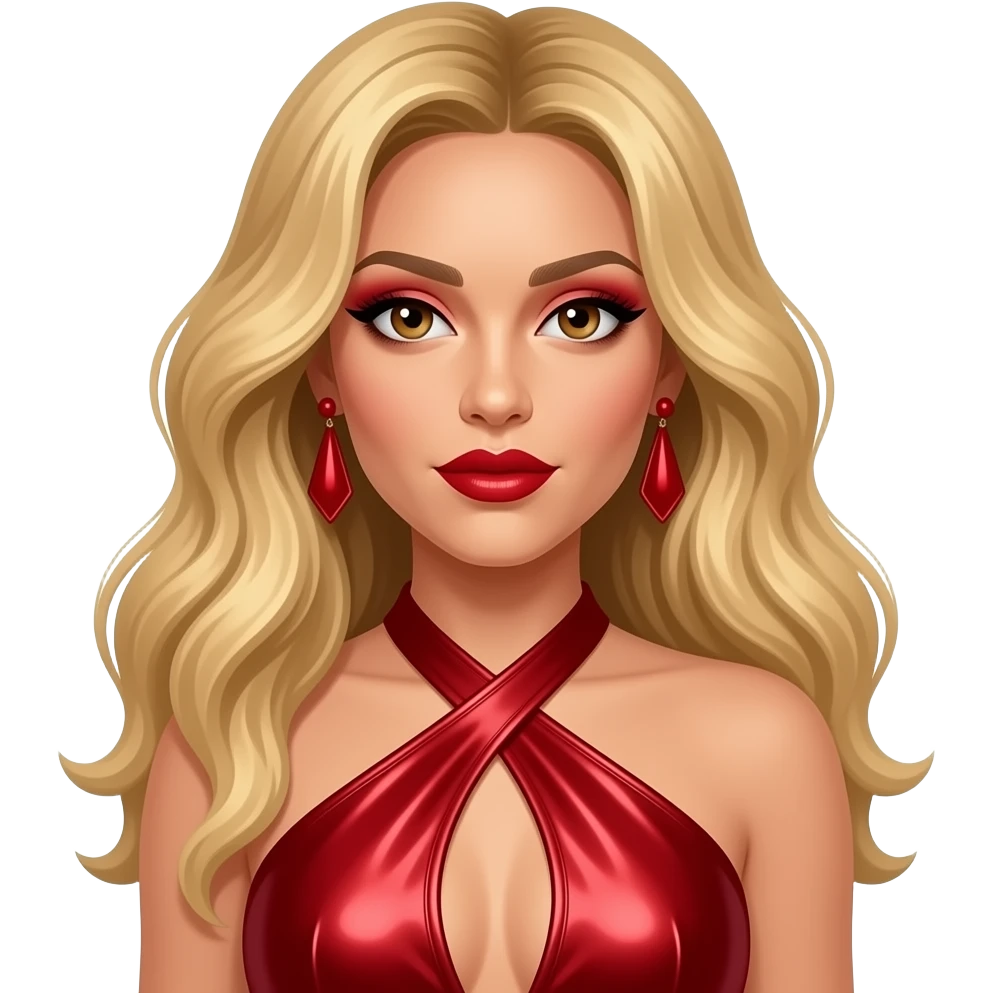 Shakira with brown eyes, long golden blonde hair, red eyeshadow, red lipstick, red metallic halter dress, red earrings emoji
