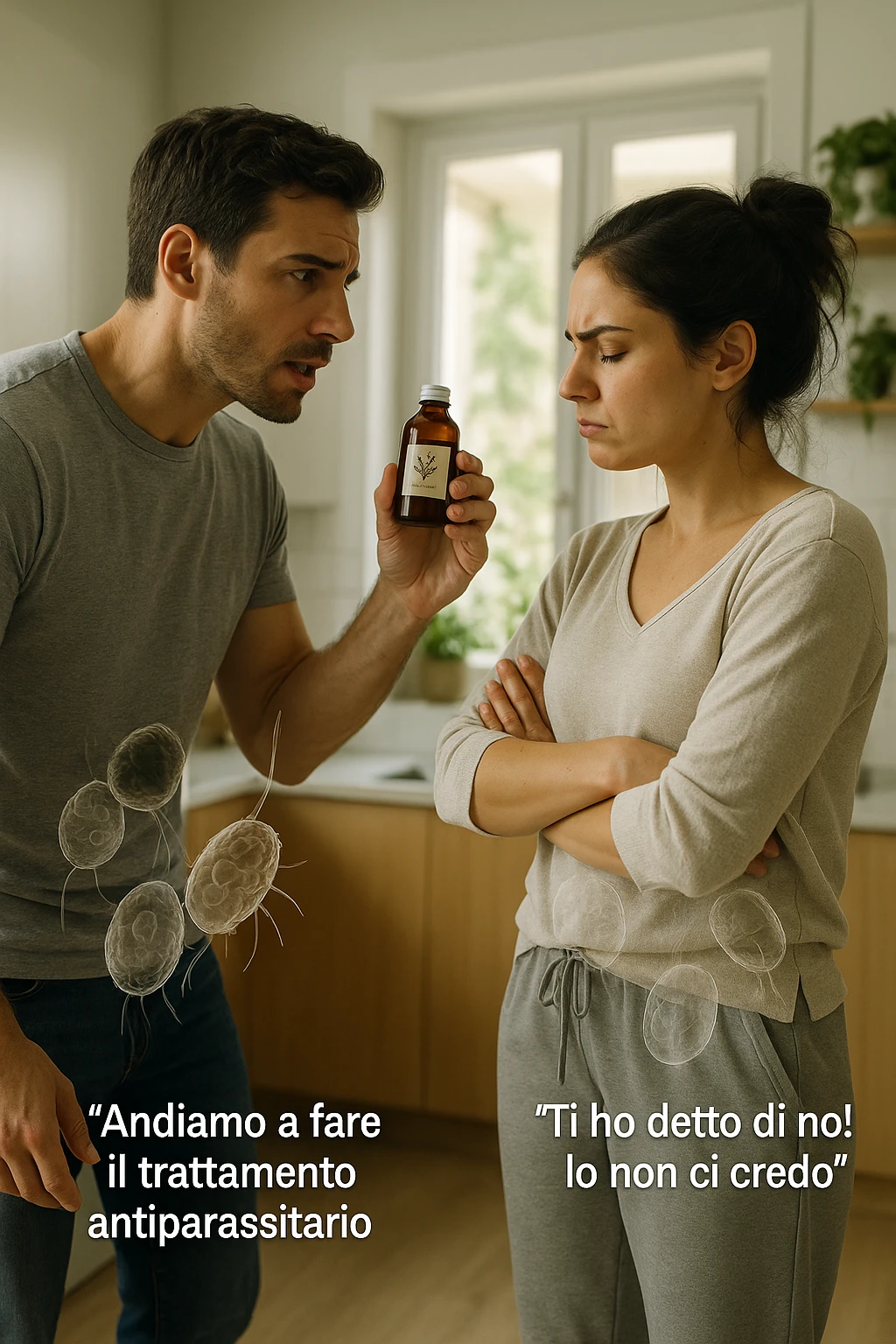 A highly realistic, cinematic photo of a young couple in their early 30s having an argument in a bright modern kitchen. The man, athletic build, wearing a casual T-shirt and jeans, is speaking firmly with a raised hand holding a small amber glass bottle labeled with a subtle herbal symbol, saying 'Andiamo a fare il trattamento antiparassitario' with a determined expression. The woman, with long dark hair tied in a messy bun, casual home outfit, crosses her arms with an angry, defensive expression, replying 'Ti ho detto di no! Io non ci credo!' while slightly turning away. Tension is visible in their body language, with the man leaning forward trying to explain and the woman leaning back, her eyebrows furrowed. Around them, subtle ghostly overlays of microscopic parasites are faintly visible near their abdominal areas, symbolizing the hidden reason for the argument. The kitchen is bright and modern with plants and natural light, contrasting the emotional tension. The style is hyperrealistic with warm tones and shallow depth of field focusing on their facial expressions, illustrating the conflict between belief in natural treatments and skepticism within the couple regarding hidden parasitic infections. in italiano emoji