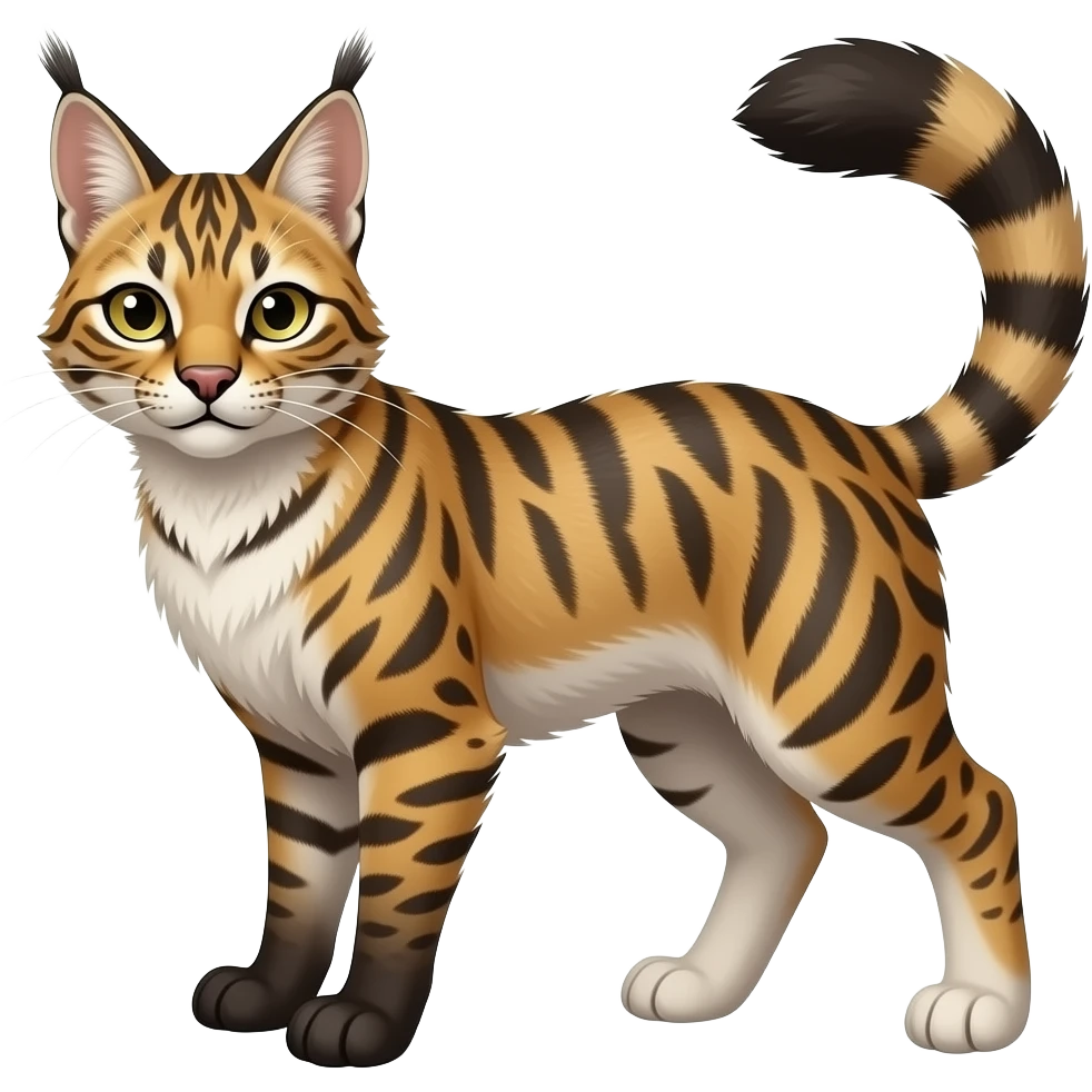 Tribal-Patterned vernid-Civet-Genet-Bobcat-Caracal-Serval-animal-hybrid-mix fantasy creature LiLaiRa Kamirah Falvie whiskers paws full body gradient stripes tufted tail feline emoji