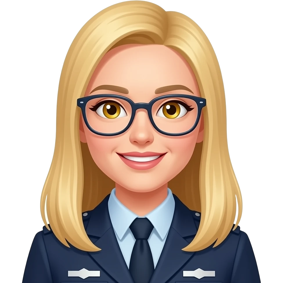 white happy woman with long straight blondehair, gold eyes and glassed in a unform emoji