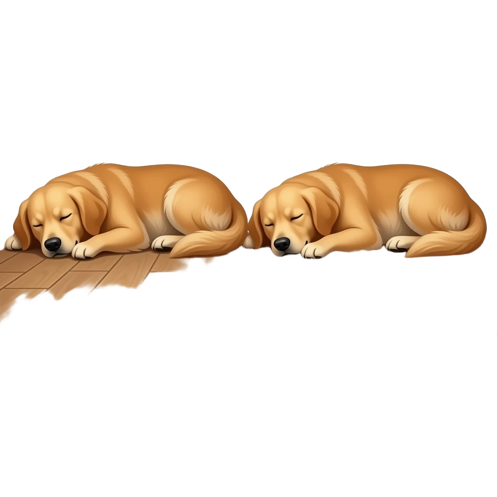 two furry golden retrievers sleeping on the wooden floor emoji