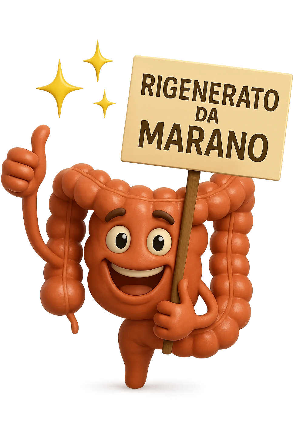 fammi un intestino identico a questo, ma felice e con le scintille di splendore dorate sopra, si sta rinnovando come se fosse in ottima salute, in mano ha un cartello con la scritta "RIGENERATO DA MARANO" emoji