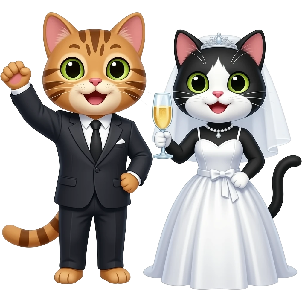 make a kitty couple, one kitty brown with stripes (boy cat) wearing a suit and the other kitty black and white (girl cat) wearing a bride dress cheering with a glass of champagne emoji