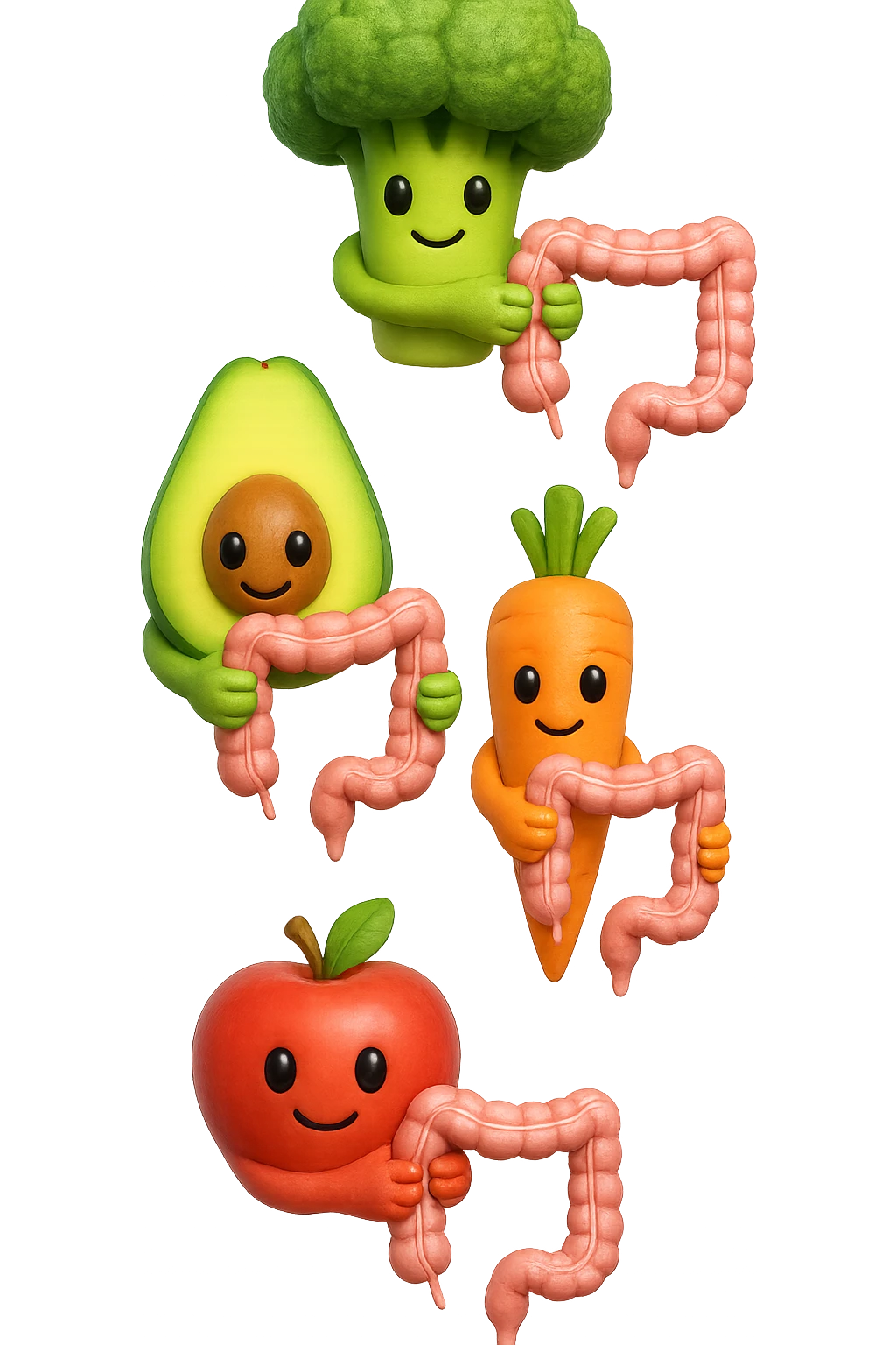 cibo sano fluttua in aria verticalmente stringendo piccoli colon umani, stile emoji iphone, iperrealistico 4k emoji