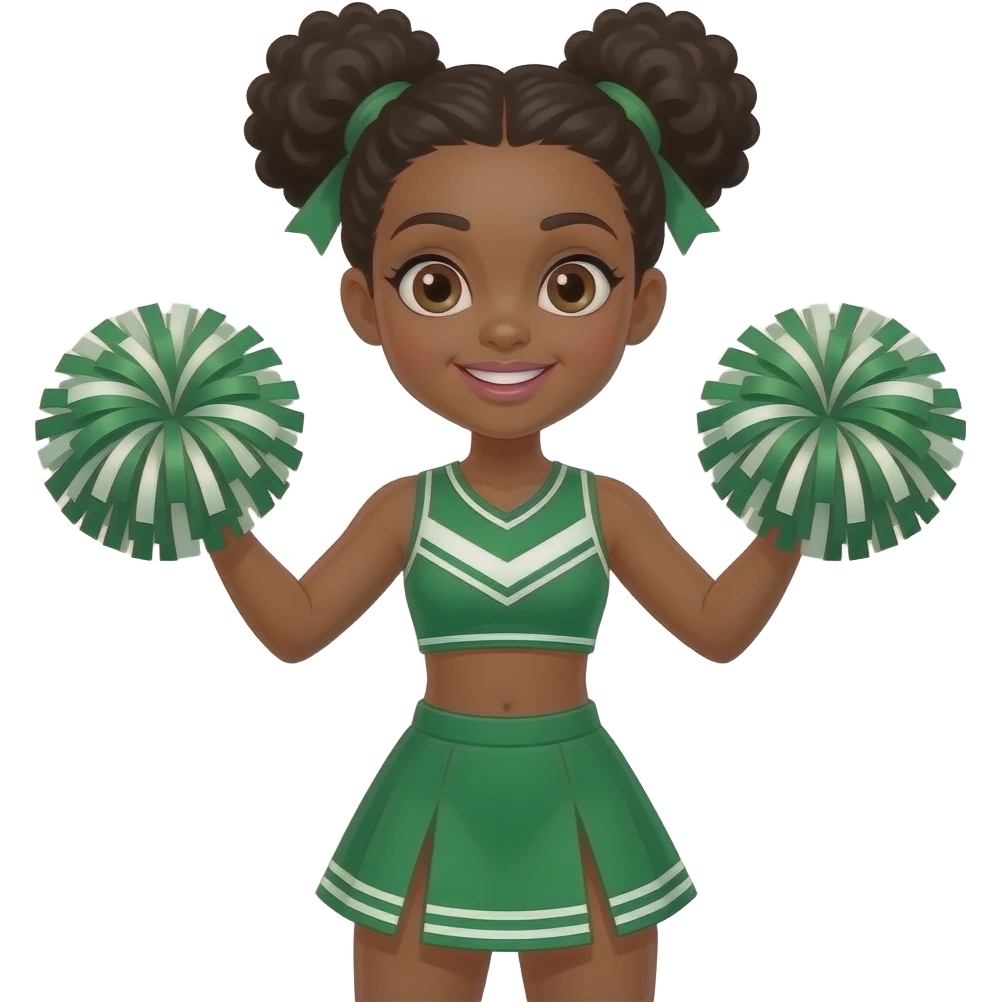 afro girl with two side buns and wear vibrant green cheeleader outfit and pom pom in hands half body close up emoji