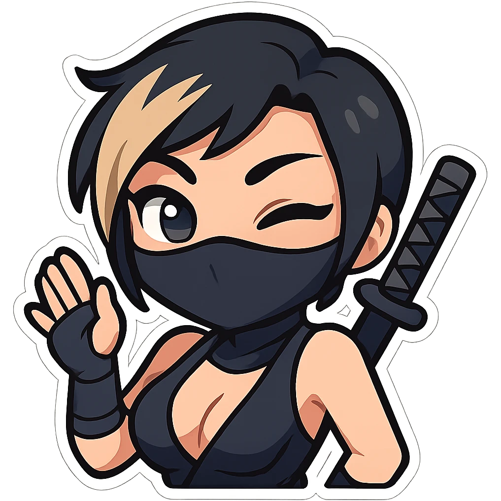 Change the character's hair to black short hair with a blonde streak. Keep only the head and arms visible. Depict a sexy chibi ninja girl with bold outlines. The image should have a transparent background and be sized for Twitch emoji use. emoji