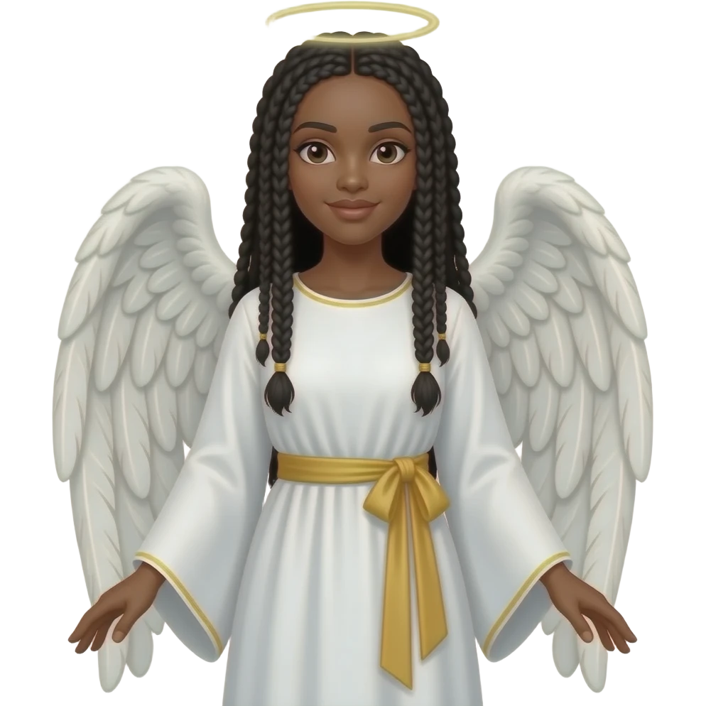 Female African American angel wearing a long white tunic with a gold sash on it with long black box braids emoji