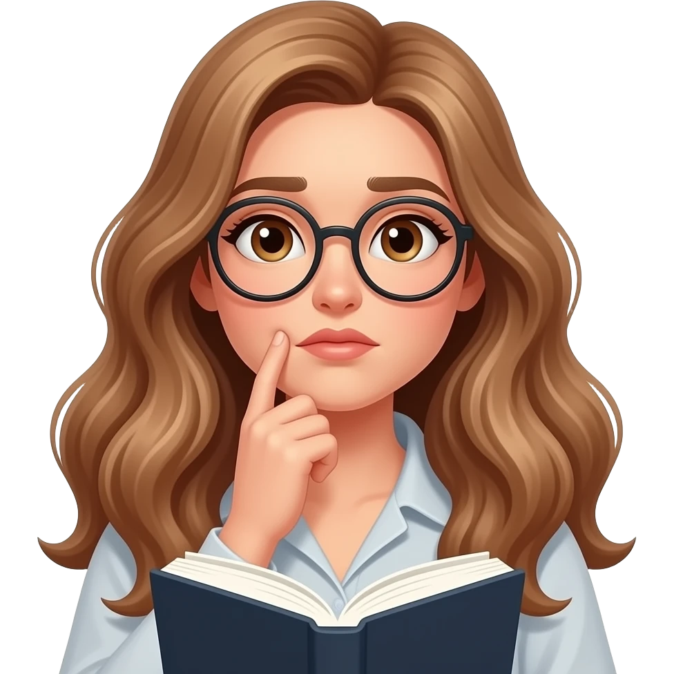 detailed emoji illustration of a curvy woman with long light brown wavy hair, light brown eyes and round glasses thinking while holding a book, confused or thoughtful expression, writer block vibe, cute emoji style emoji