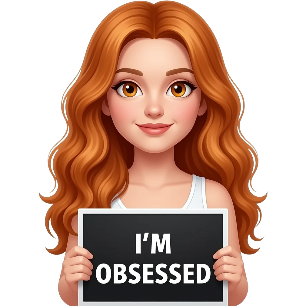 sexy girl with long wavy ginger hair and ginger eyes wearing a white tanktop is holding a black colored sign with I'M OBSESSED written on it emoji