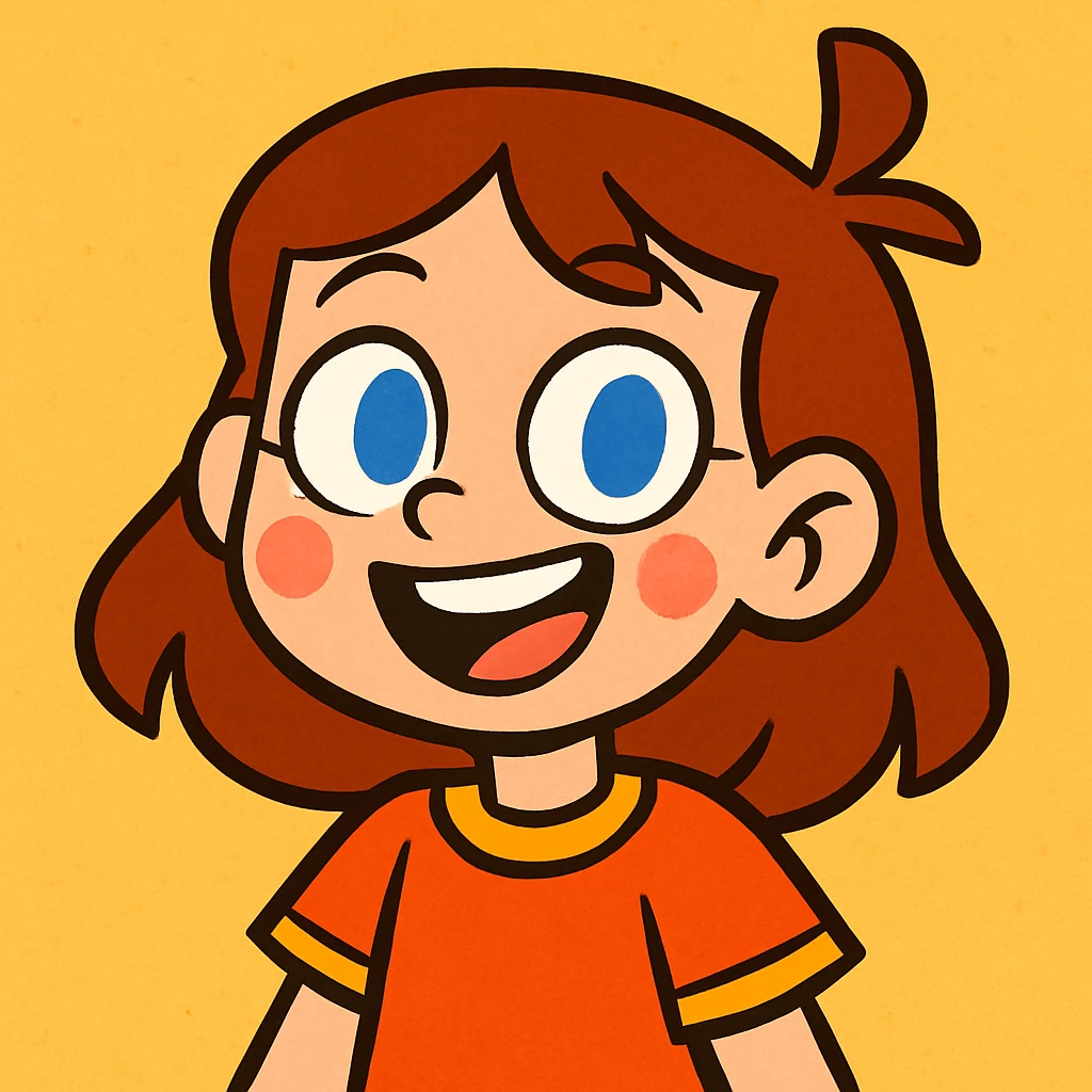 cute white girl with brown hair and blue eyes, vibrant toon style, lively and colorful expression emoji