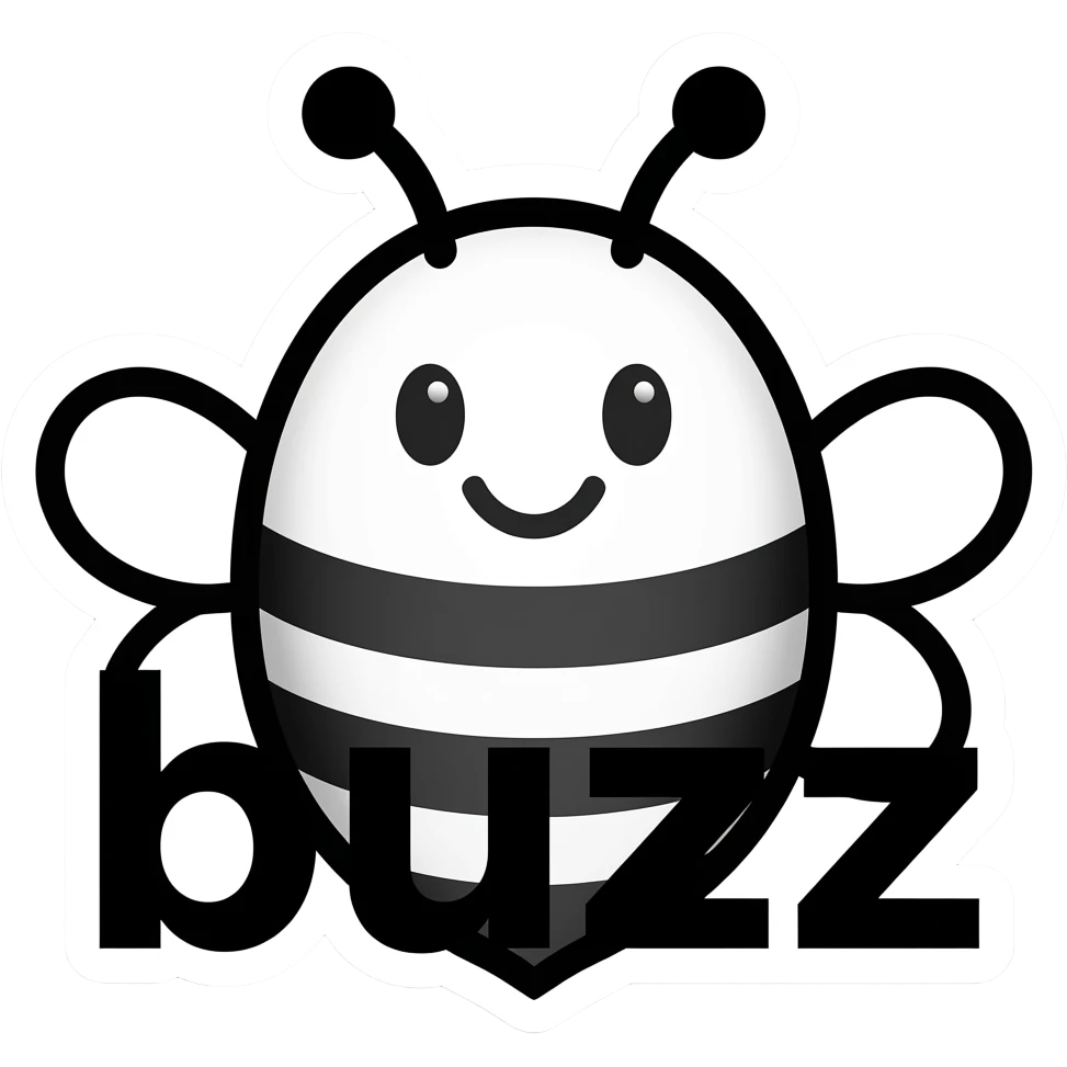 minimal bee mascot, simple oval body, smiling with small curved line, dot eyes, ultra minimal black and white, bold outline, white sticker border in the center of the bee is the inscription buzz emoji