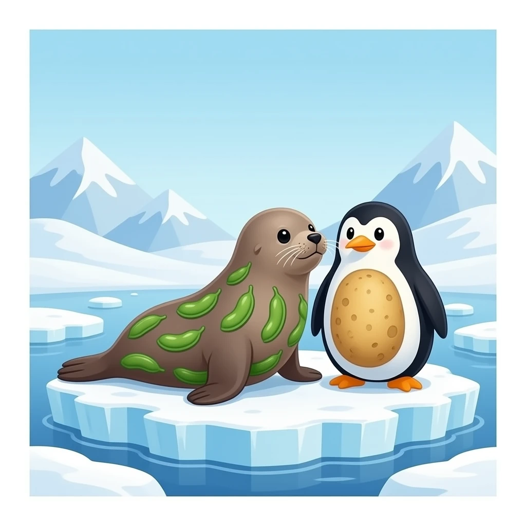 Please make a fur seal is patterned with green bean and a penguin is patterned with potato. And they are playing peek a boo game on the iceburg . emoji