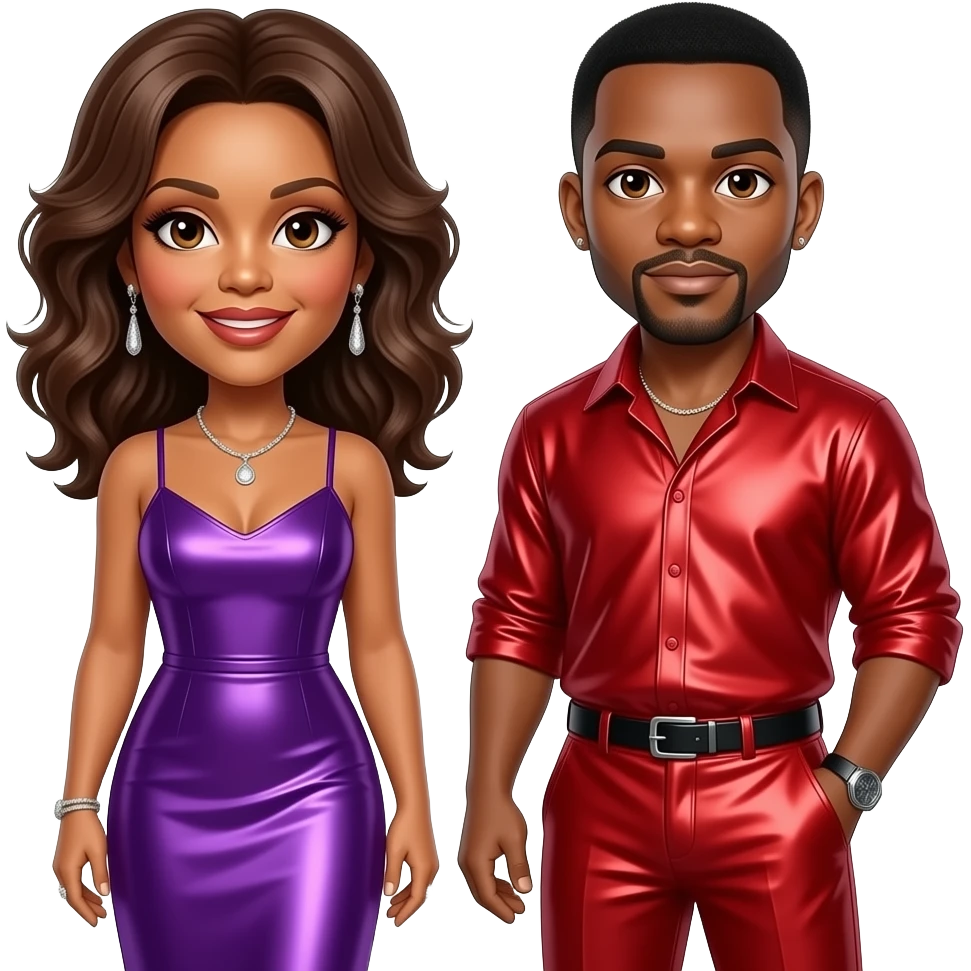 Whitney Houston with brown eyes, medium brown hair, purple metallic long dress, earrings, Bobby Brown with brown eyes, black hair, red metallic shirt, red metallic baggy pants, necklace and short earrings emoji