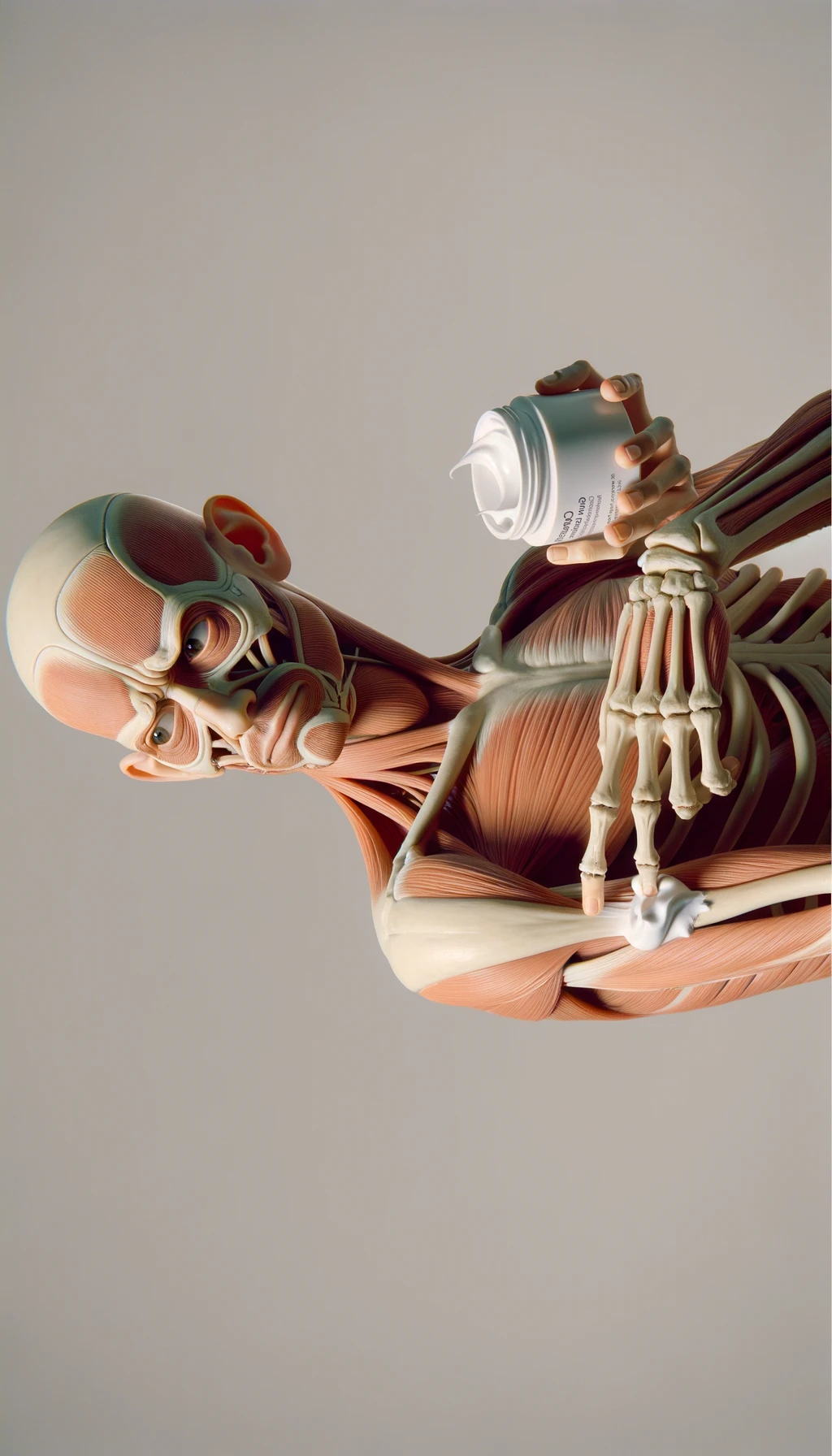 corpo umano anatomico cHE SI METTE UNA CREMA SUL BRACCIO CON ESPRESSIONE DUBBIOSA IN VOLTO, sfondo neutro chiaro emoji