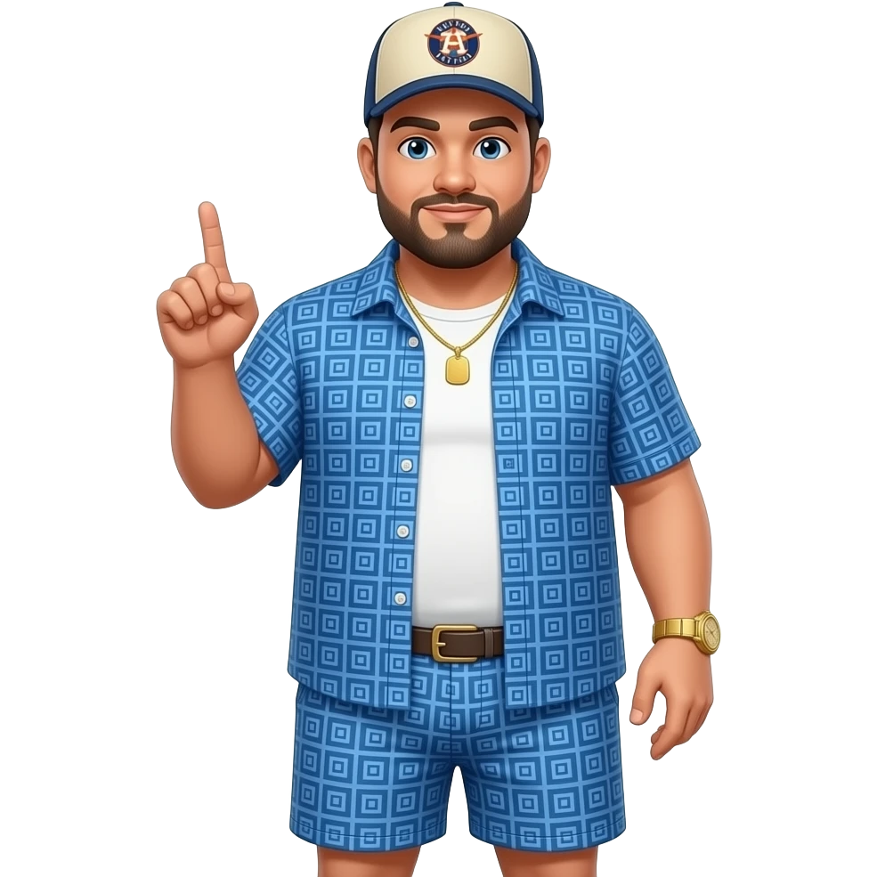Chubby man with apricot skin tone with lightly shaved black beard wearing a blue button down short sleeve shirt with matching shorts with square pattern designs wearing an all beige color Huston Astros logo baseball cap wearing a gold tennis necklace and a gold wrist watch making a gun with fingers emoji