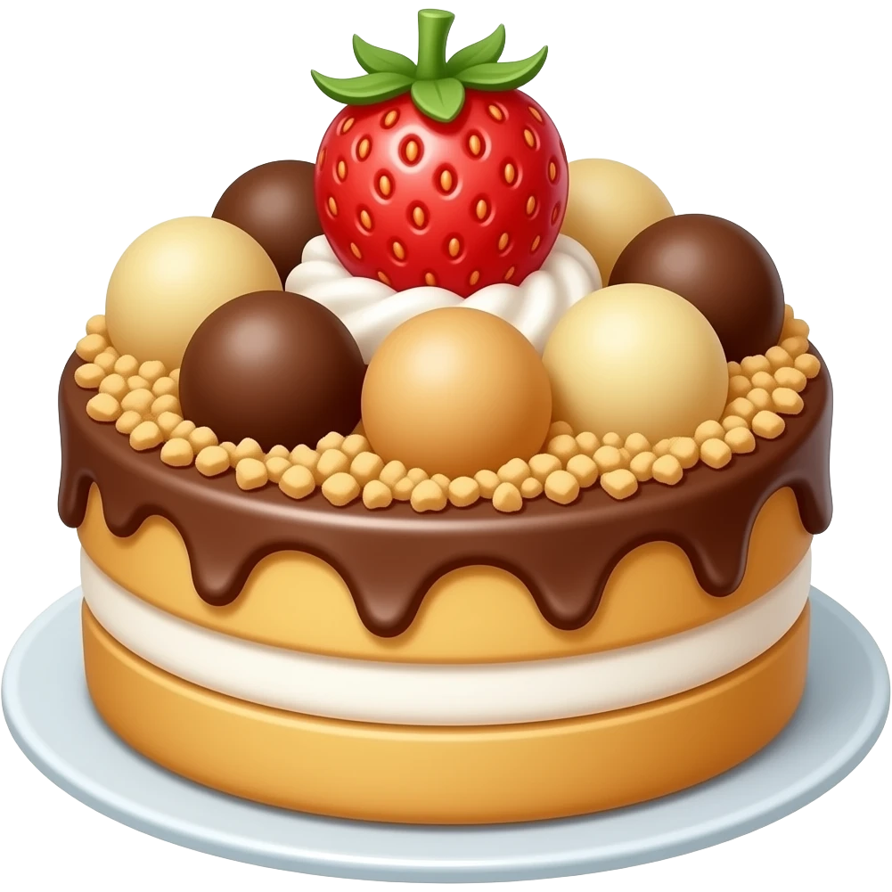 biscuit balls on cake with strawberry/chocolate/vanilla topping + crumbs topping emoji