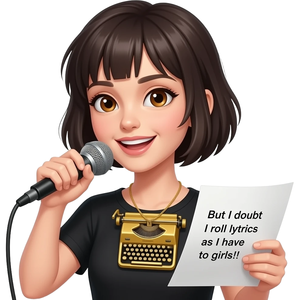 A tomgirl with short hair and brown eyes rapping and wearing a golden stenography machine as a necklace. On her paper are the lyrics: "But I doubt I roll lyrics as I have to girls!!"
 emoji