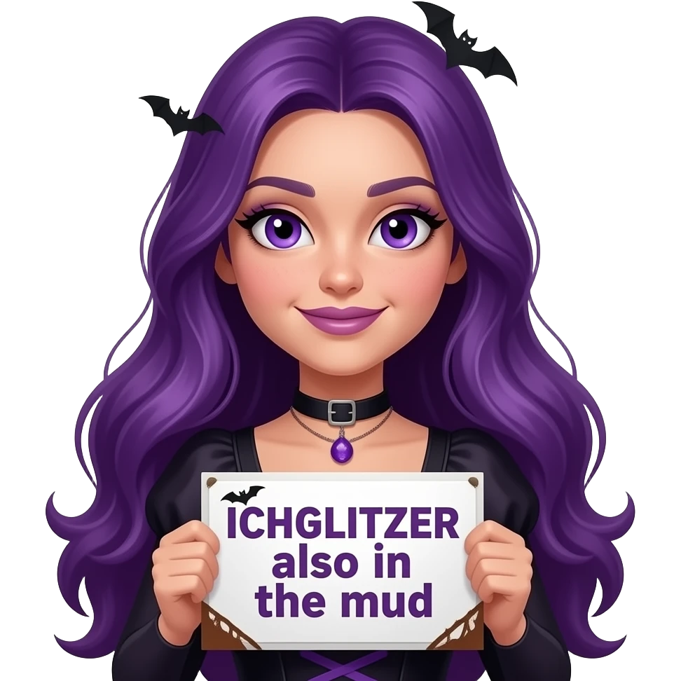 sexy girl with long purple hair and purple eyes wearing a halloween dress holding a ICH GLITZER auch im SCHLAMM sign emoji