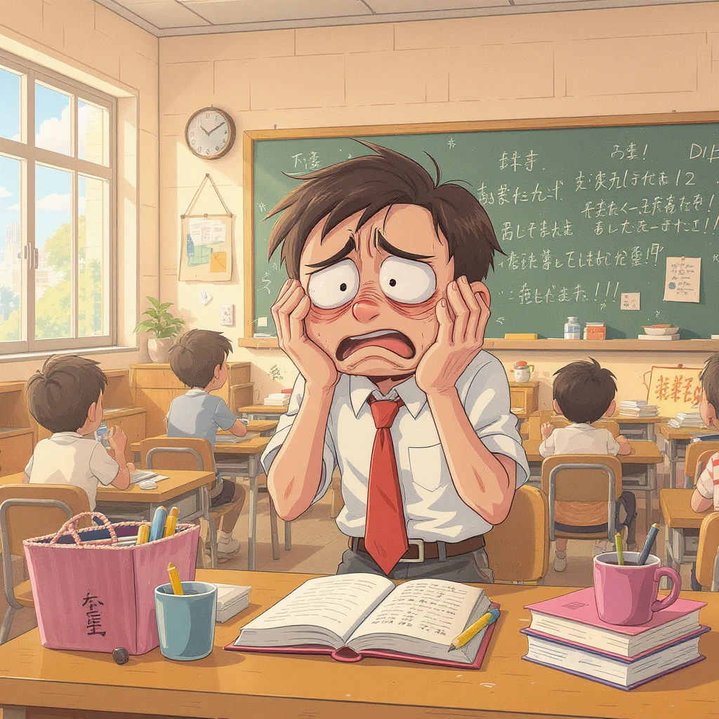 vector cartoon art of a exhausted teacher in a bustling classroom emoji