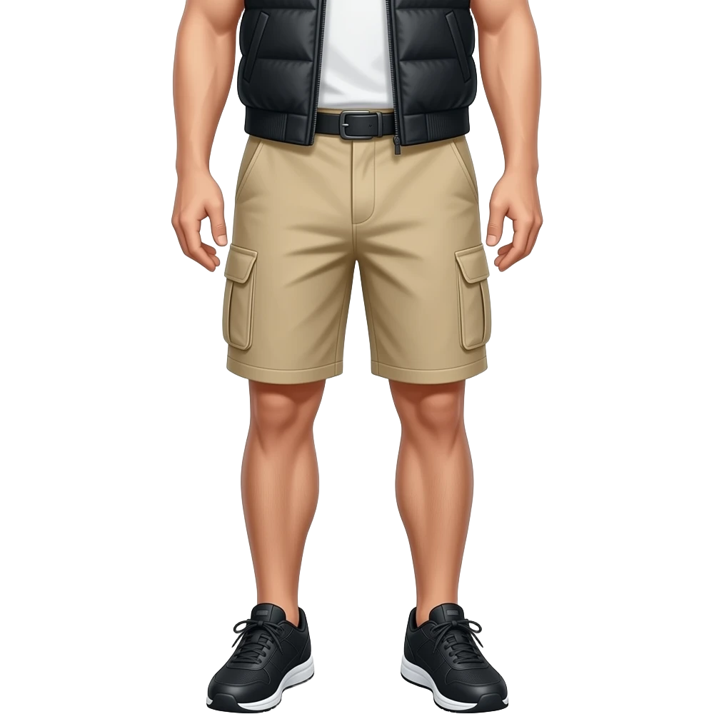 black running shoes, bare legs, beige cargo shorts and a sweatervest from the waist down emoji