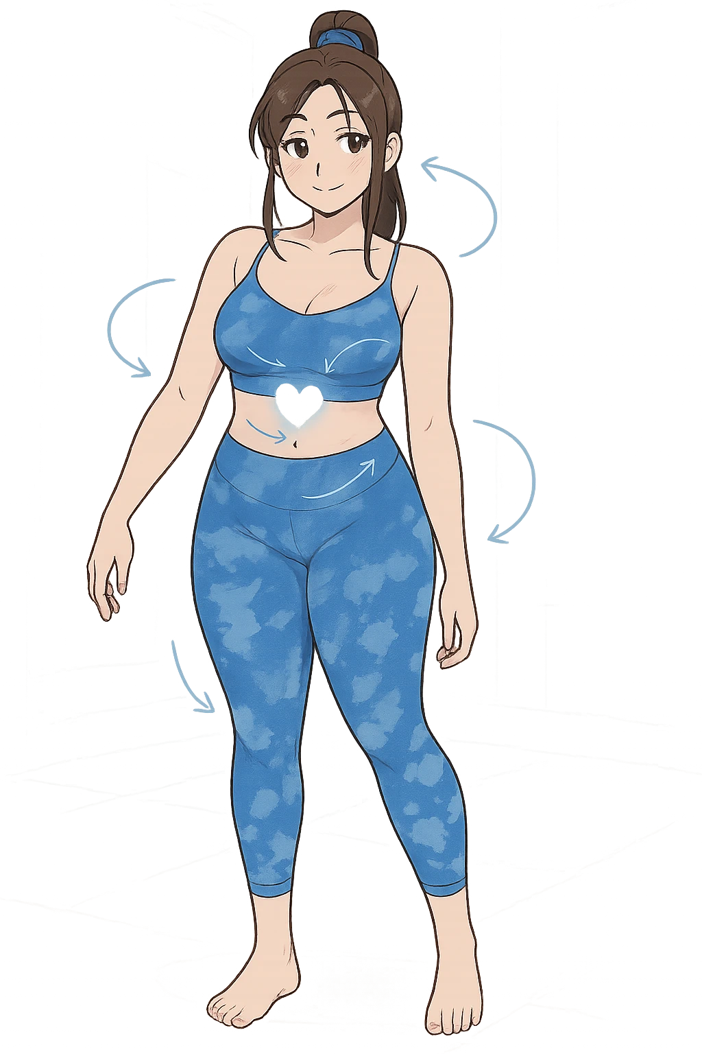stile manga a woman stands in a relaxed pose, with a gentle, confident expression. Her body is shown with subtle, curved lines or arrows indicating areas of imbalance (such as a slight tilt in the shoulders or hips), but no signs of injury or damage. A soft glow or heart symbol at her core emphasizes resilience and the message “Non rotto, ma fuori equilibrio” The background is clean and clinical, with light blue tones. emoji